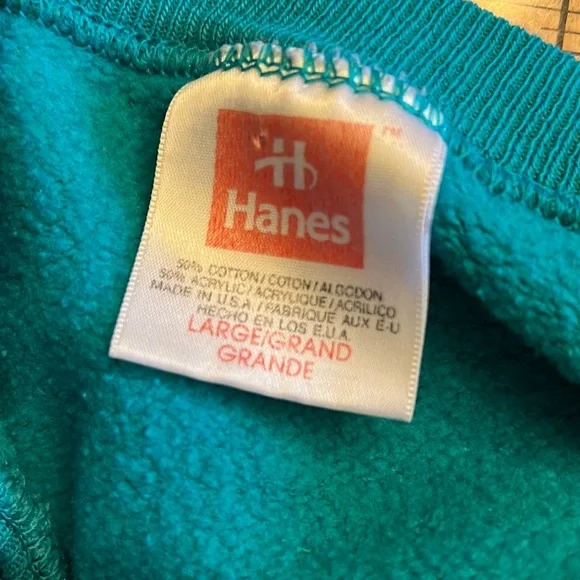 VINTAGE 90s Hanes Made in USA Teal Crewneck Sweatshirt Adult Large - Picture 7 of 7
